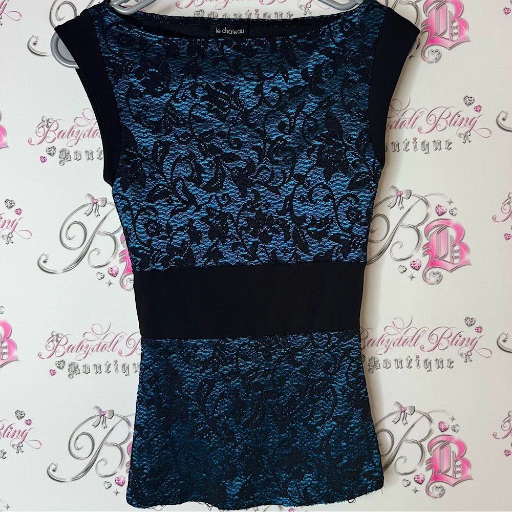Le Chateau tank top shimmer shiny Lacie Blue Lace Top formal luxe shirt blouse